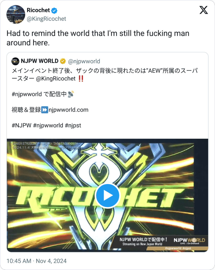 Tweet from Ricochet after he attacked Zack Sabre Jr. in a NJPW ring