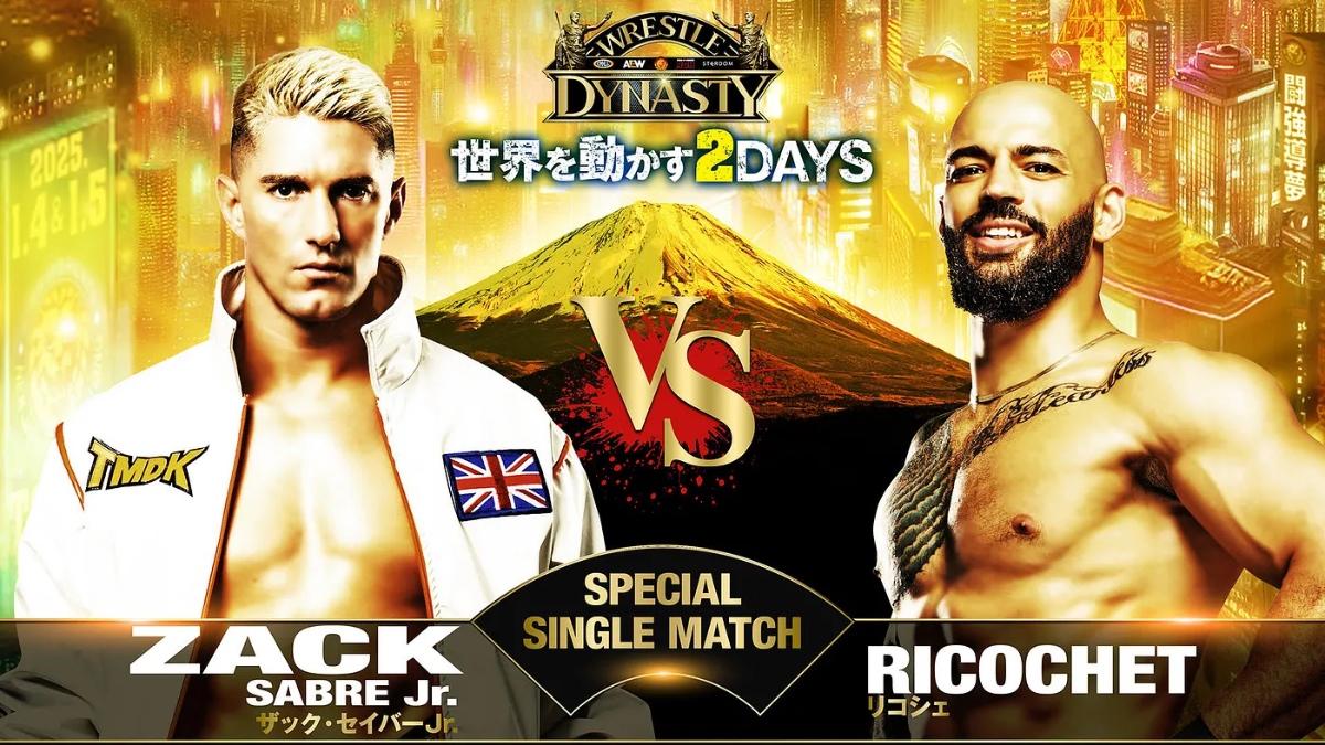 A graphic for Ricochet vs. Zack Sabre Jr. at Wrestle Dynasty 2025