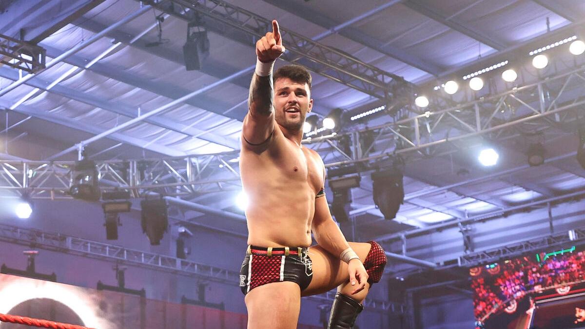 NXT star Riley Osborne points to the crowd following a victory on an episode of Level Up