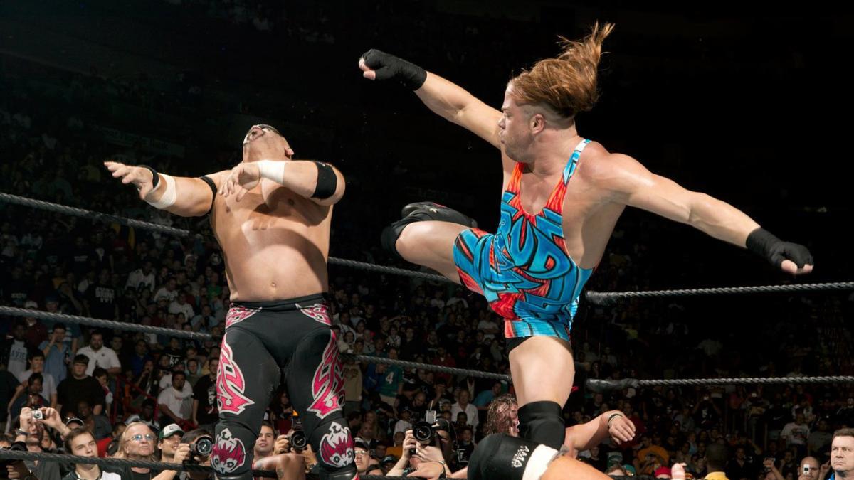 Rob Van Dam hitting a spin kick to Road Warrior Animal at WWE Royal Rumble 2006