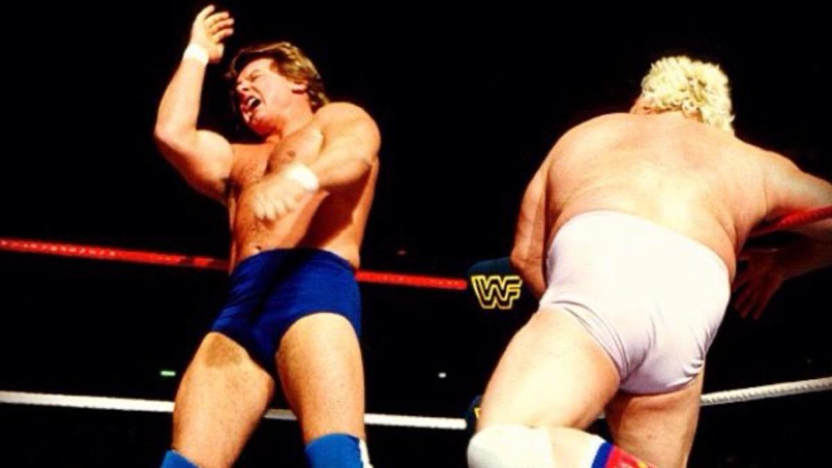 Roddy Piper falling into the ropes following a move from Adrian Adonis at WrestleMania 3