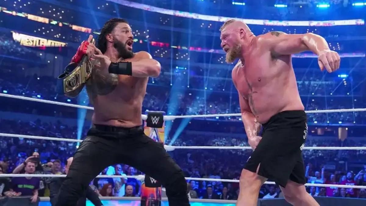 Roman Reigns Brock Lesnar belt shot WrestleMania 38.jpg