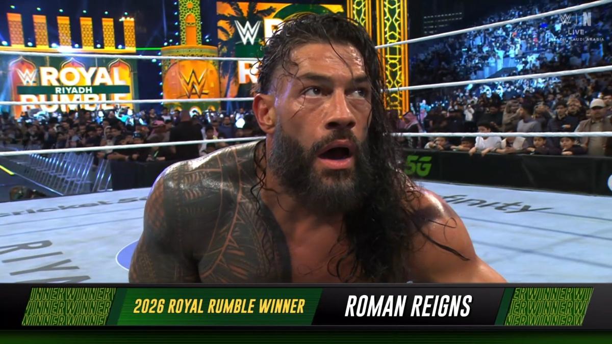Roman Reigns looking shocked at WWE Royal Rumble 2026