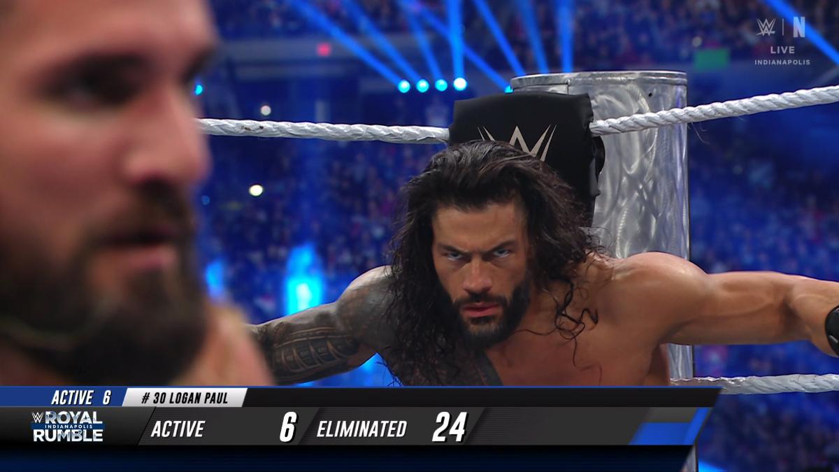 Roman Reigns staring at Seth Rollins at WWE Royal Rumble 2025