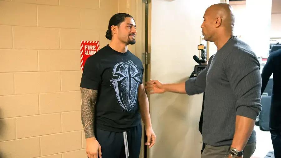 Roman Reigns The Rock Backstage 2015 Royal Rumble.jpg