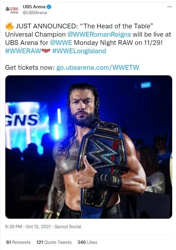 Roman reigns ubs arena tweet