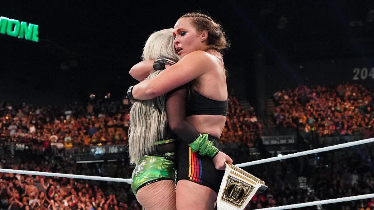 Ronda Rousey hugging Liv Morgan at WWE Money in the Bank 2022 
