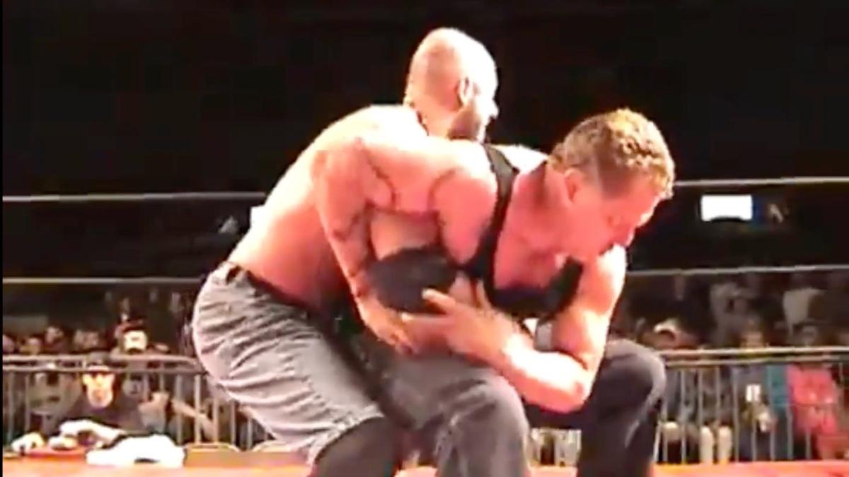 Sandman and Justin Credible grappling at the final ECW show 