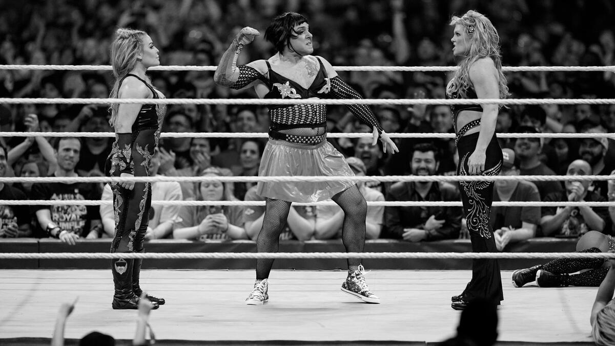 Santina Marella with the Cobra between Natalya and Beth Phoenix at 2020 Royal Rumble