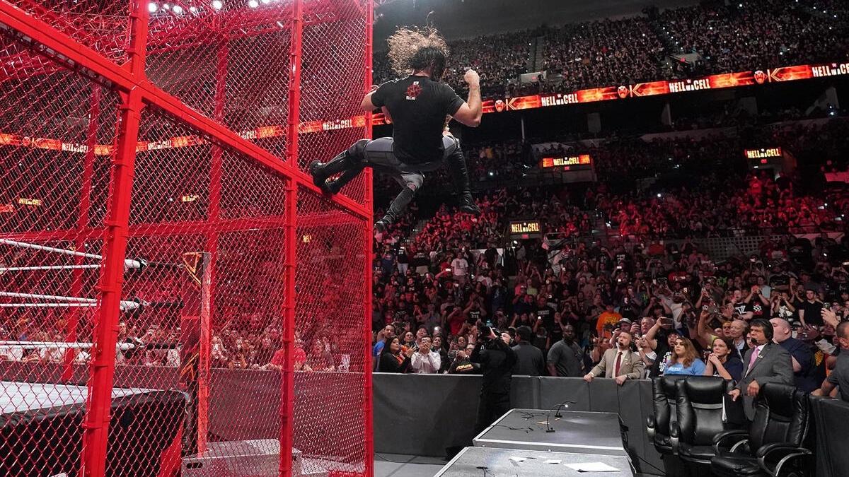 Seth Rollins falling from the cell at WWE Hell in a Cell 2018