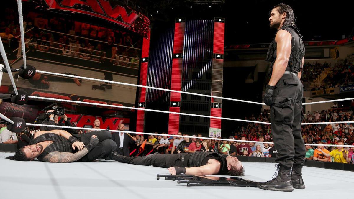 Seth Rollins standing tall after turning on Roman Reigns and Dean Ambrose