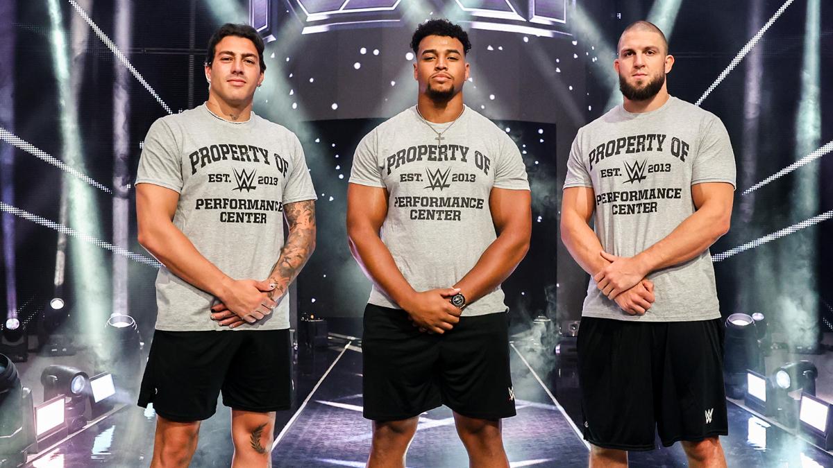 Shady Elnahas, Francois Prinsloo, and Aaron Fara wearing WWE NXT shirts