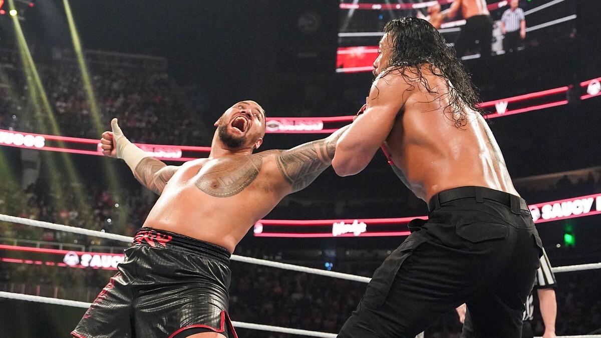 Solo Sikoa about to hit a Samoan Spike on Roman Reigns at WWE Bad Blood 2024