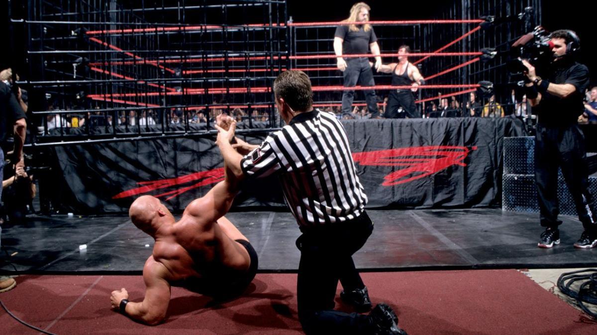 Steve Austin wins the Steel Cage Match at WWE St. Valentine's Day Massacre