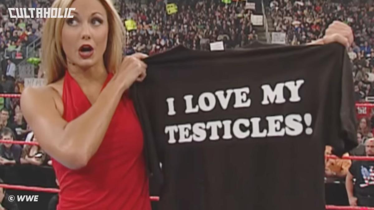 Stacey Keibler displaying an 'I Love My Testicles' t-shirt