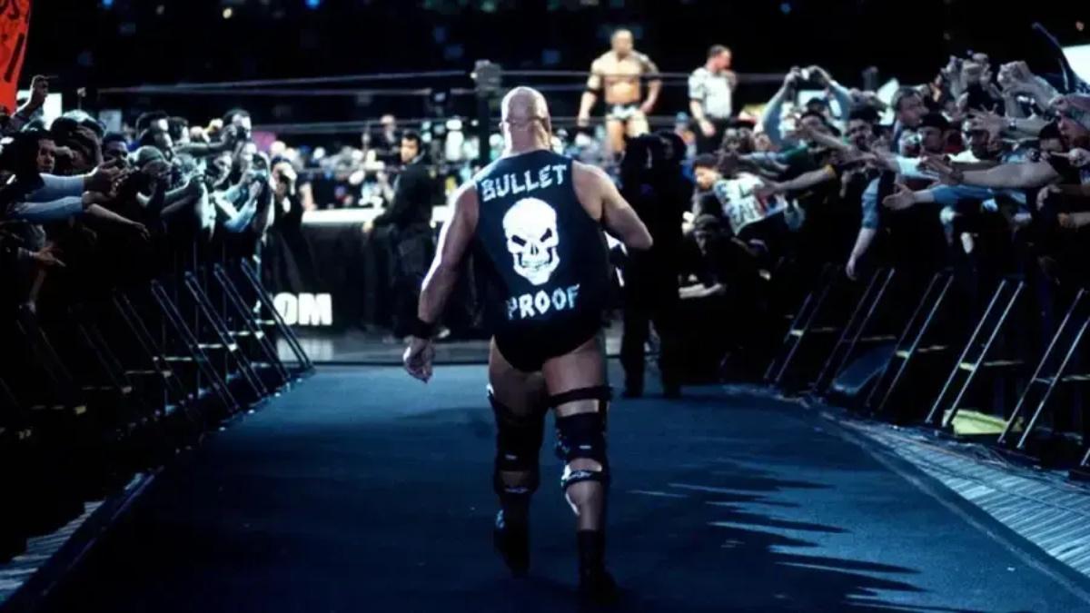 Steve Austin walking to the ring in his leather vest at WrestleMania 19