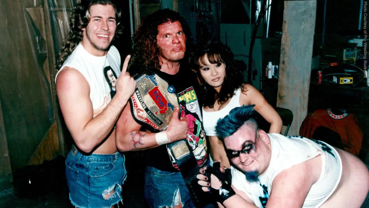 Stevie Richards with Raven and the Blue Meanie backstage in ECW