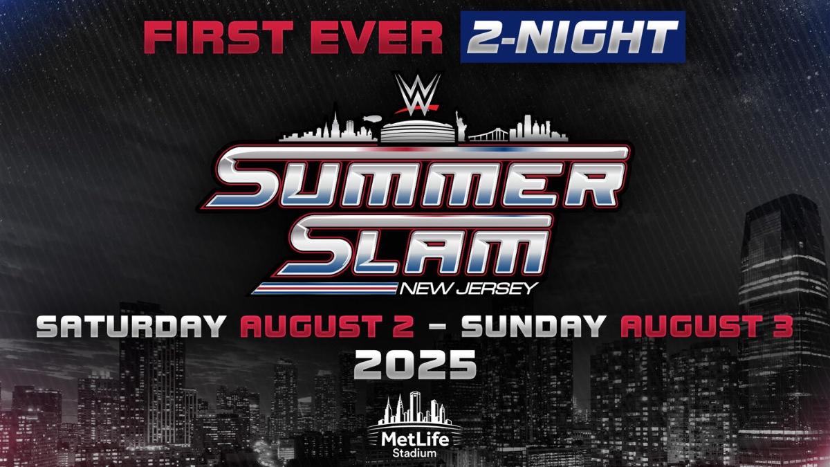 Poster for WWE SummerSlam 2025. SummerSlam has italicised silver lettering 