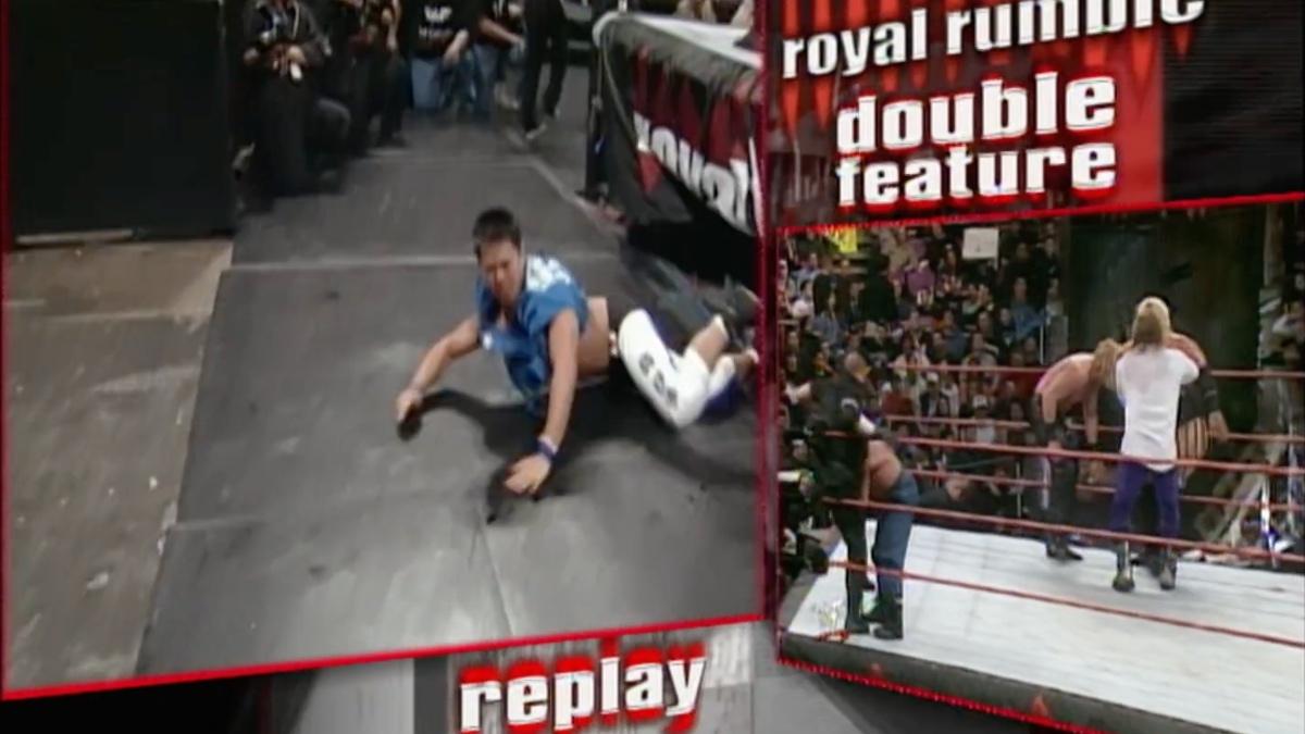 TAKA Michinoku in the replay screen smashing his head against the Royal Rumble floor