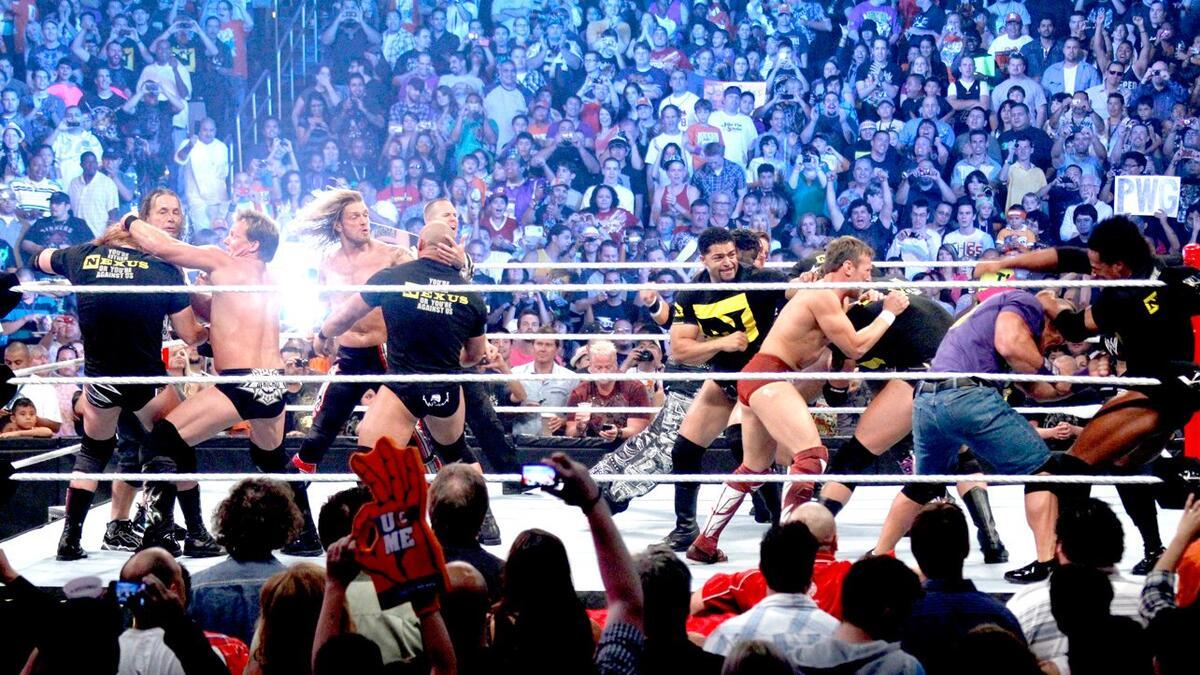 Team WWE brawling with Team Nexus at SummerSlam 2010