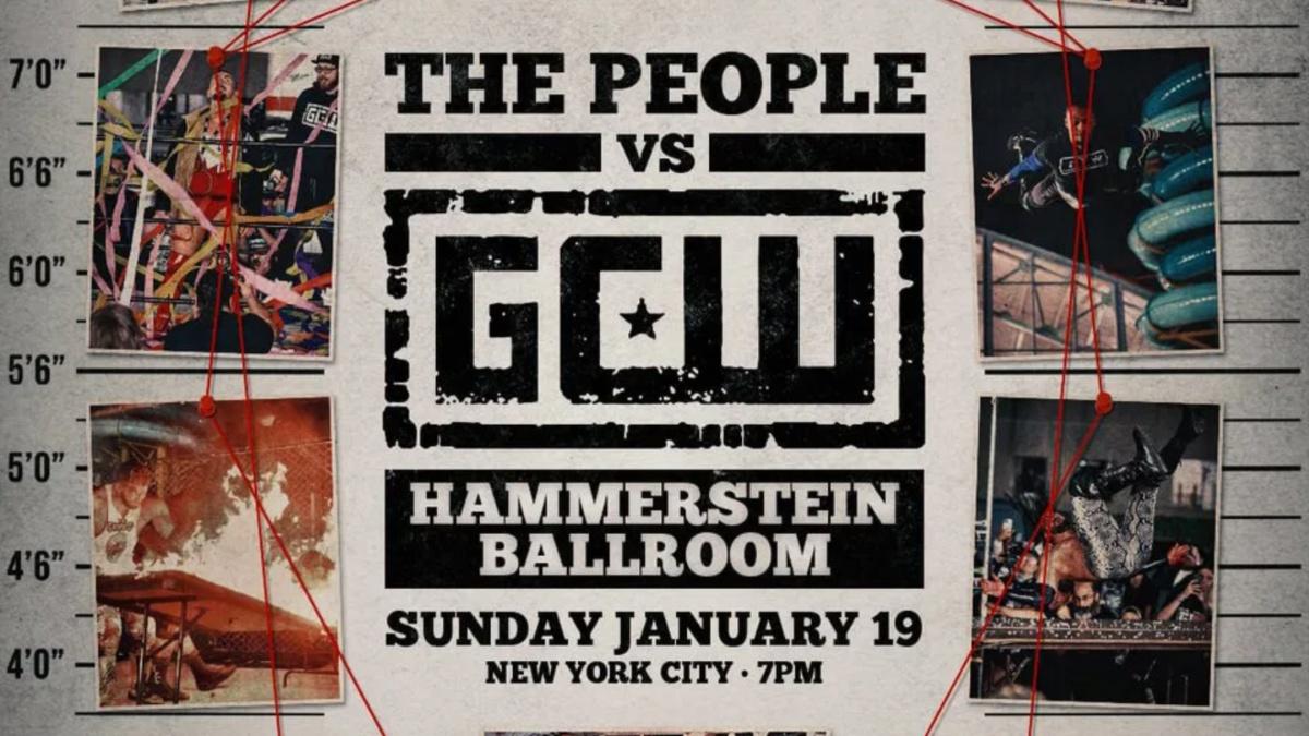 Event poster for "The People vs GCW" at Hammerstein Ballroom, NYC, with a backdrop of mugshot heights and photos.