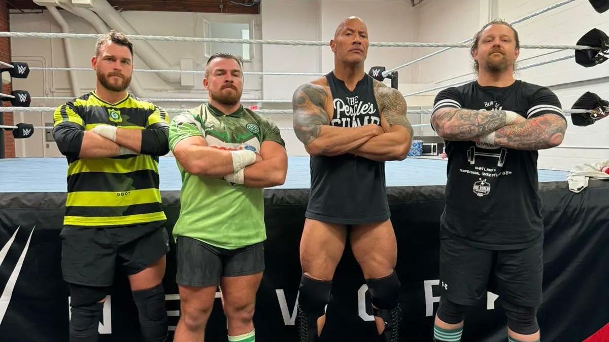 The Rock and Gallus with their arms folded ahead of WWE WrestleMania XL
