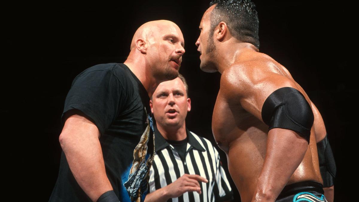 The Rock and Steve Austin facing off before their match at WWE WrestleMania XV