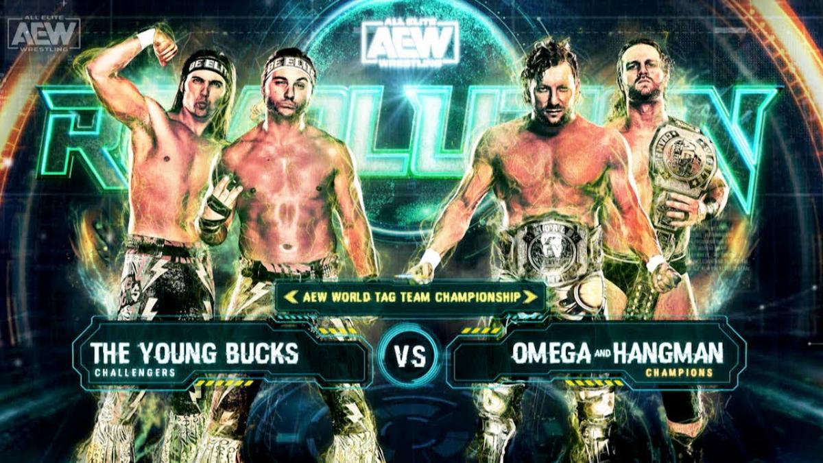 AEW Revolution 2020 graphic for the Young Bucks vs. Hangman Page & Kenny Omega