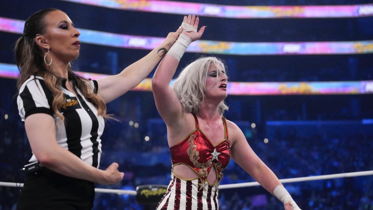 Toni Storm having her arm raised by Aubrey Edwards at AEW Revolution 2026