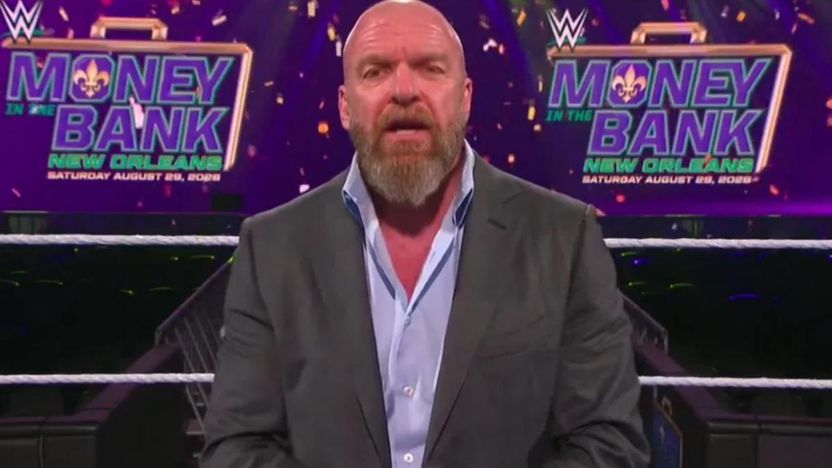 Triple H in front of the Money In The Bank 2026 logo 