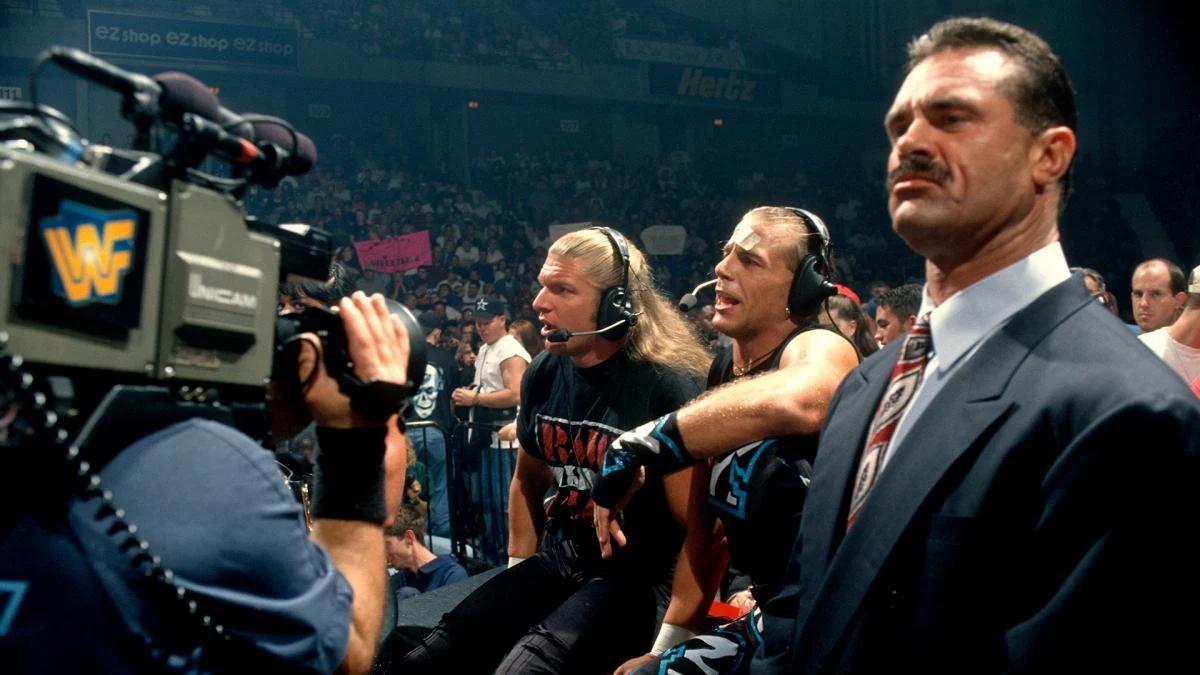 Triple H and Shawn Michaels on WWE commentary in the 1990s with Rick Rude alongside them