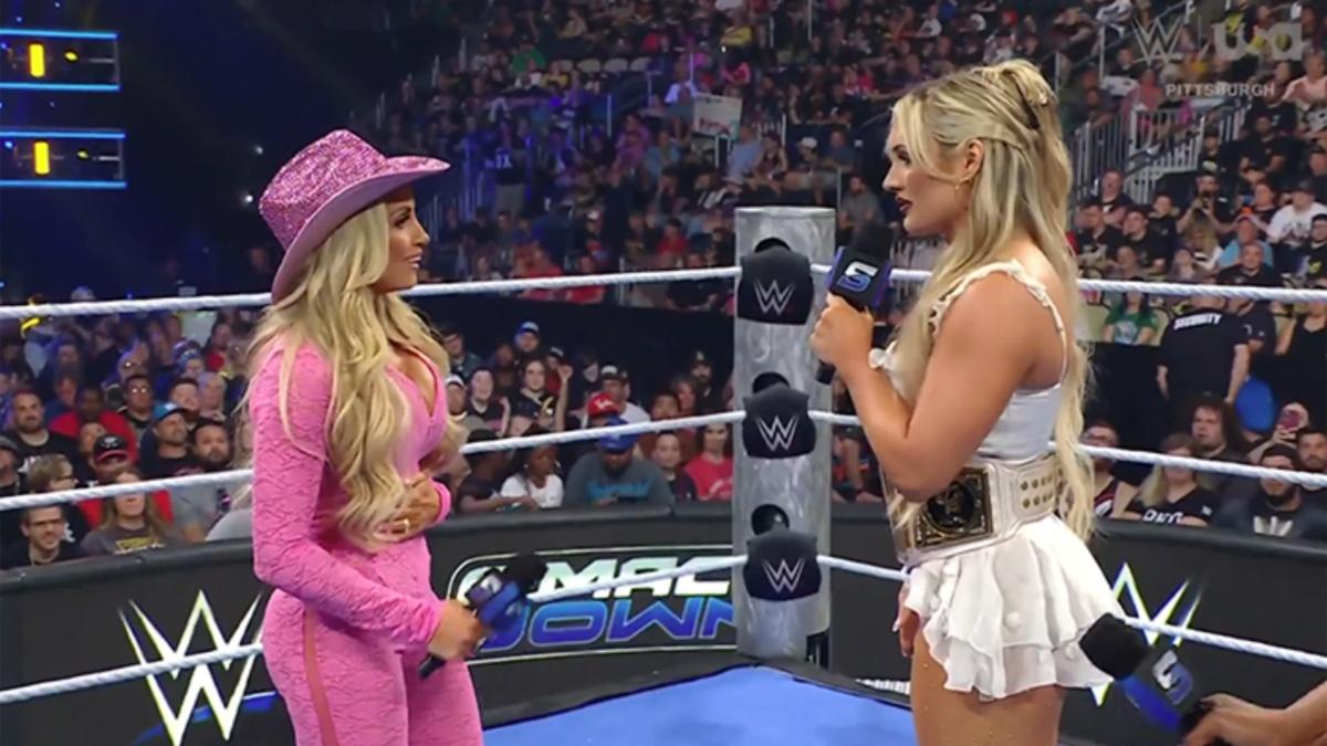 Trish Stratus facing off with Tiffany Stratton WWE SmackDown