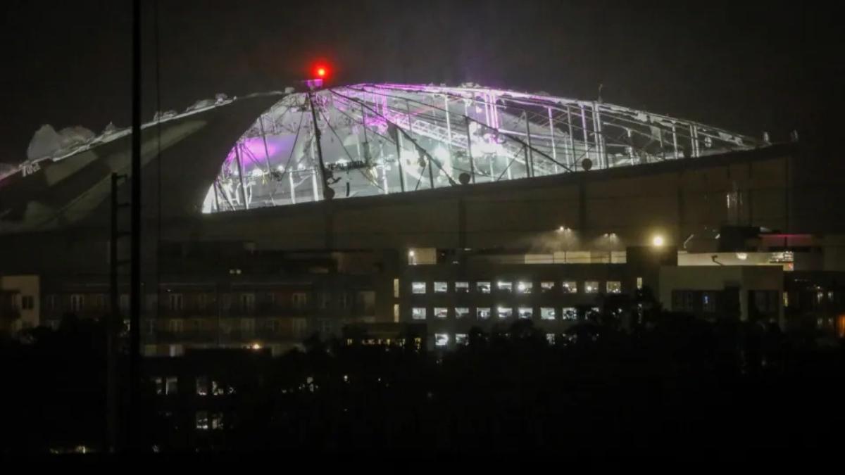 Tropicana Field in St. Petersburg, Florida with much of its roof missing following Hurricane Milton