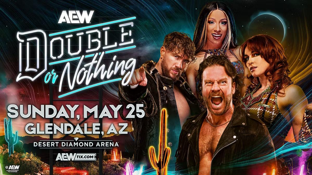 Poster for AEW Double or Nothing 2025 featuring Hangman Page, Will Ospreay, Jamie Hayter & Mercedes Moné