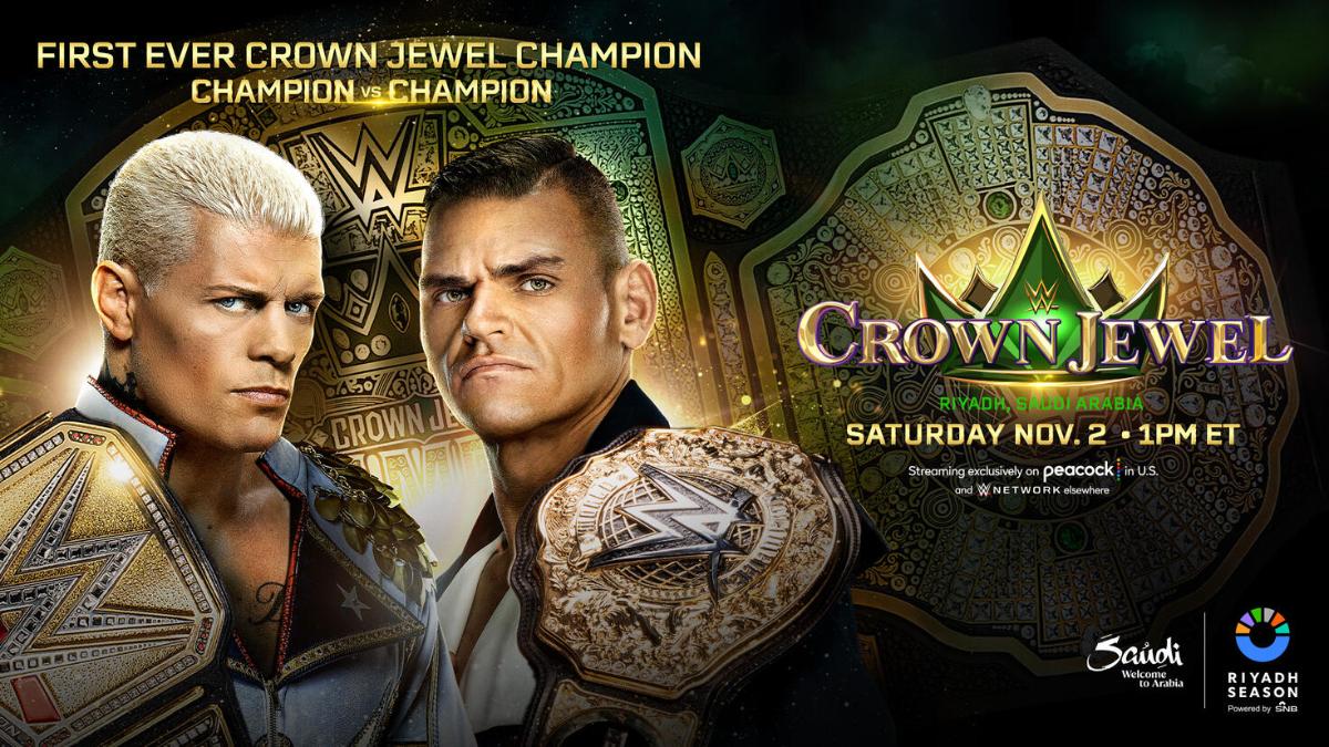 WWE Crown Jewel event poster featuring Cody Rhodes and GUNTHER holding championship belts.