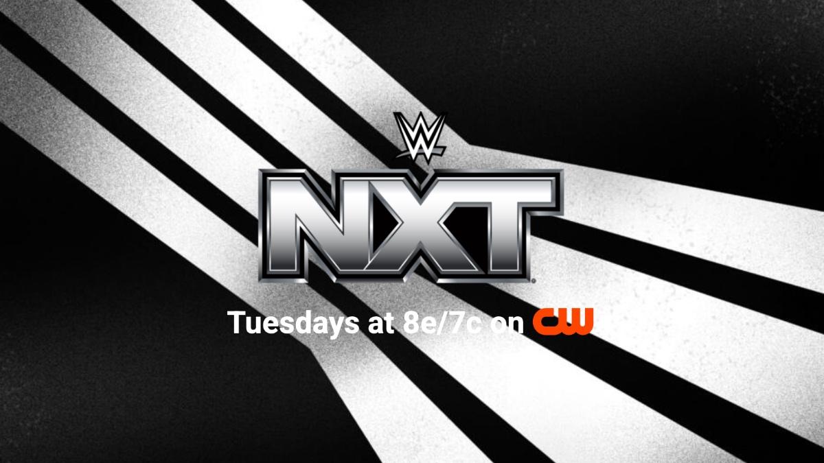 Logos for WWE NXT and The CW with black and silver striped background