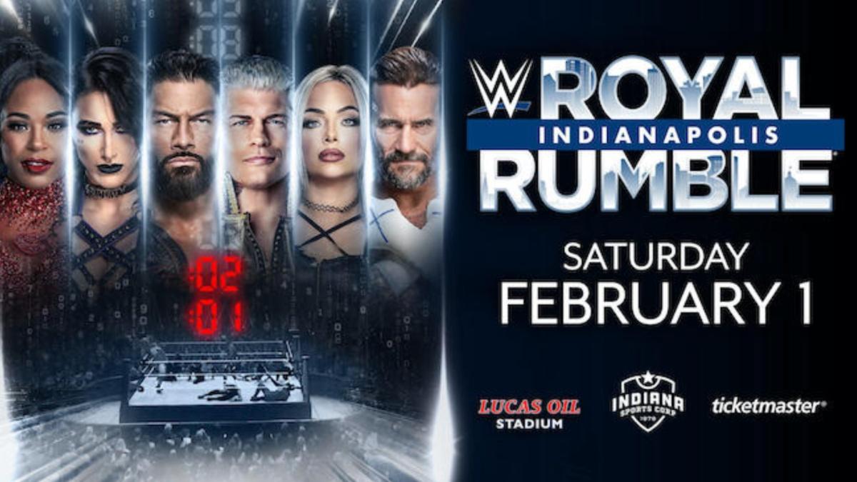 WWE wrestlers lined up on a poster for Royal Rumble 2025