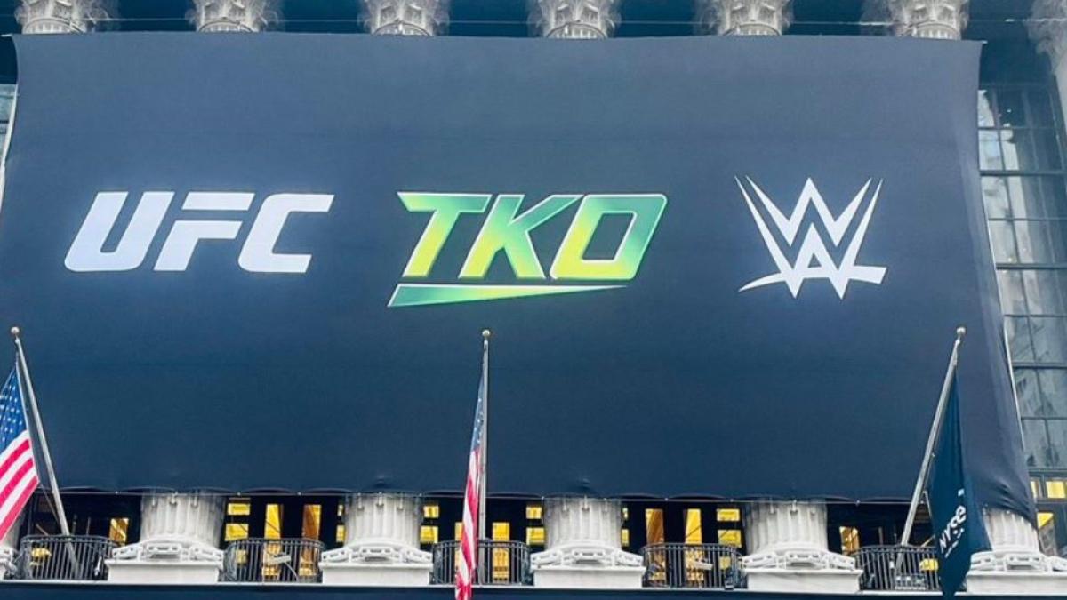 UFC, TKO, WWE logos on a billboard at New York Stock Exchange