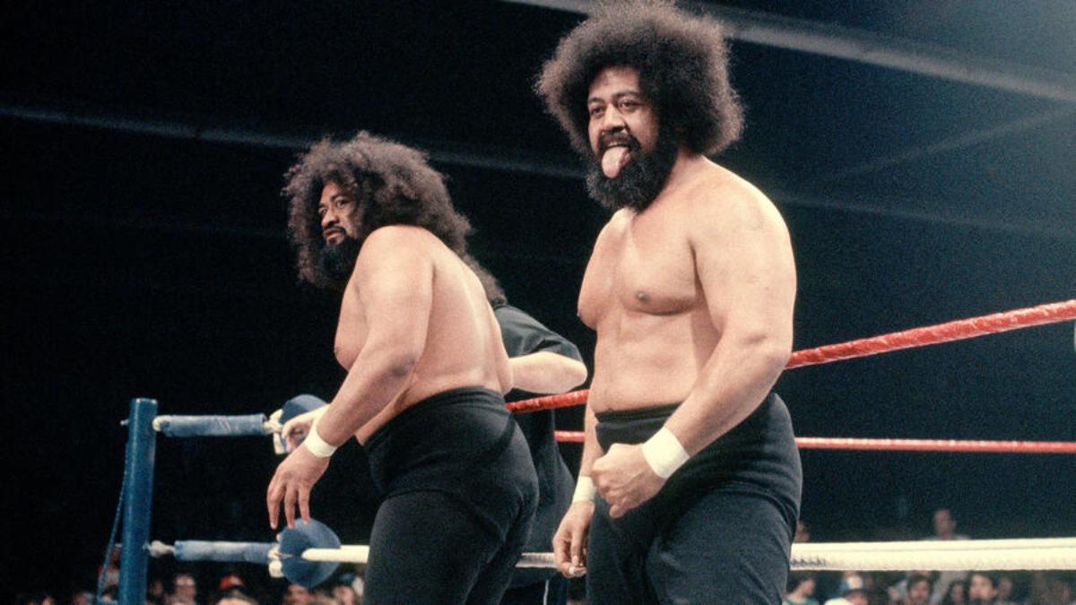 Wild Samons on the ring apron in the 1980s