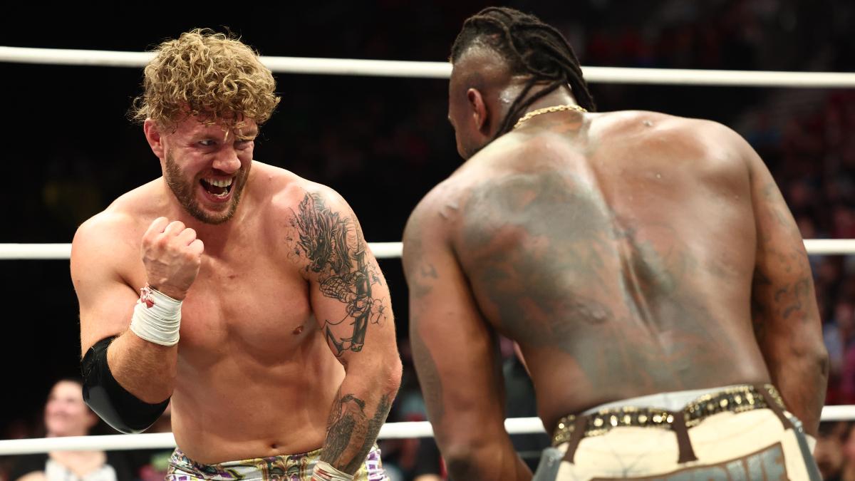 Will Ospreay laughing at Swerve Strickland during kneeling exchange on AEW Summer Blockbuster in June 2025