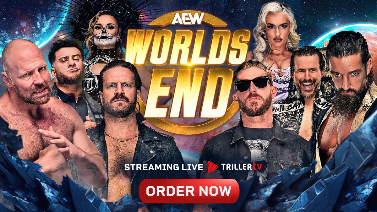 Promotional image for AEW Worlds End 2024 event, featuring various wrestlers and "Order Now" call-to-action.