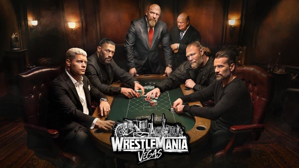 Poster for WrestleMania 42 with Cody Rhodes, Roman Reigns, CM Punk, Brock Lesnar, Triple H and Paul Heyman around a casino table