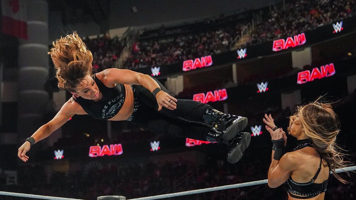 Zoey Stark hitting a missile dropkick to Dakota Kai on WWE Raw