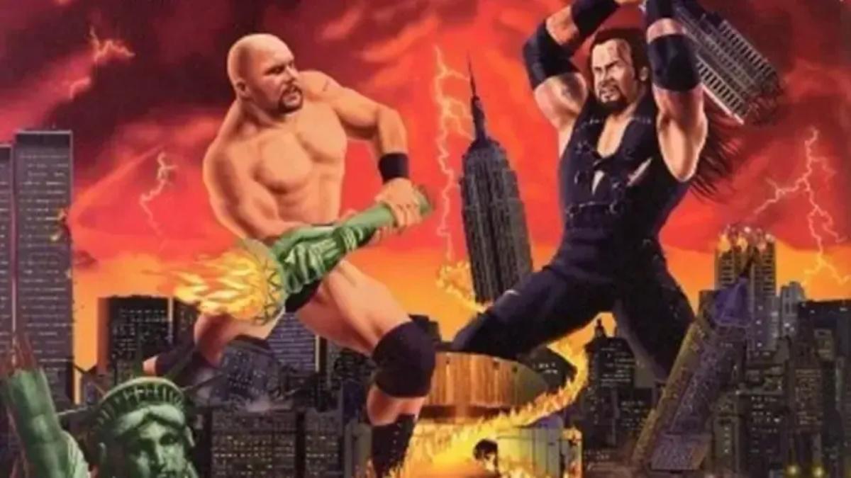 Poster for WWE SummerSlam 1998 featuring Steve Austin and The Undertaker swinging things at each other