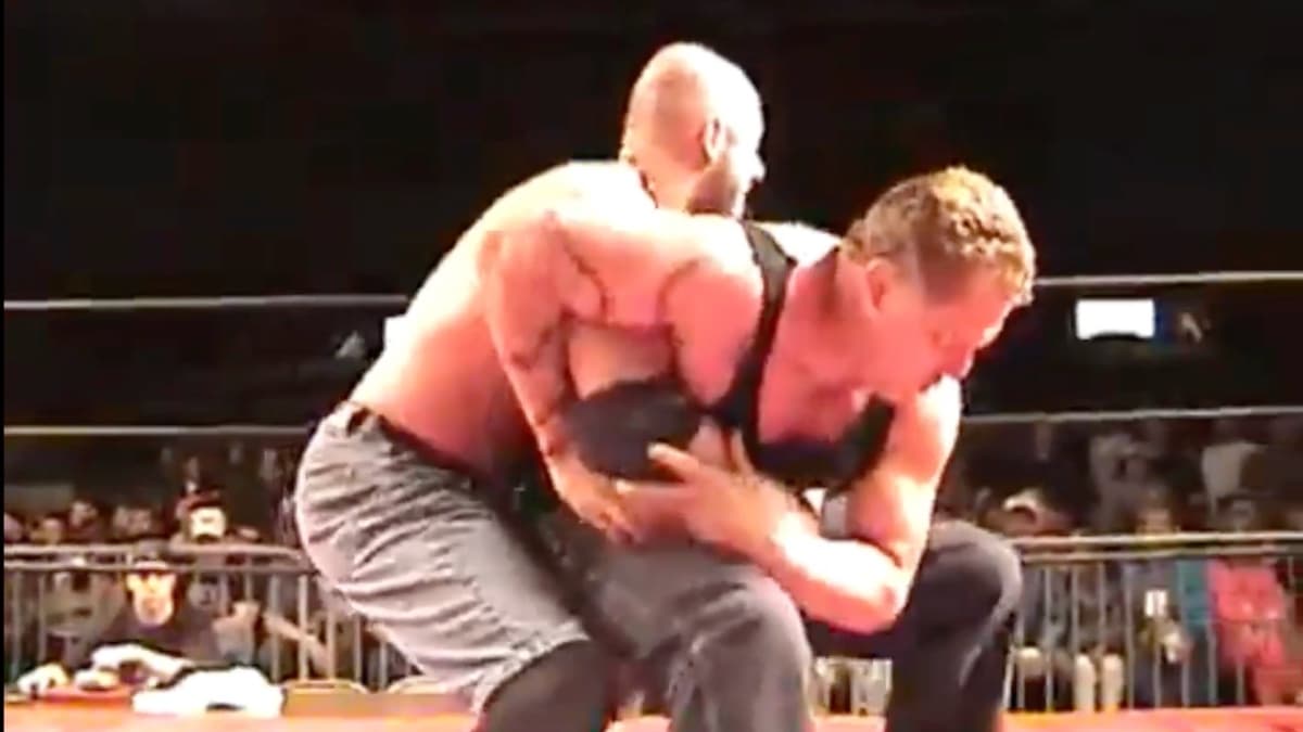 Sandman and Justin Credible grappling at the final ECW show