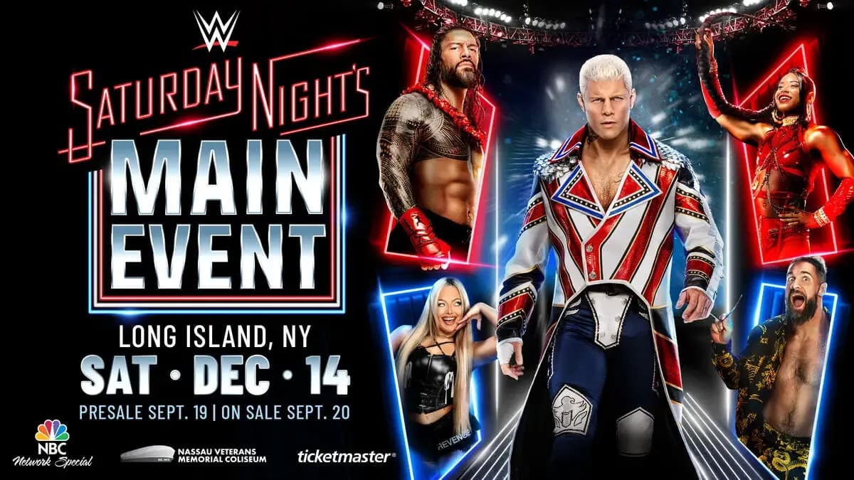 Poster for Saturday Night's Main Event on December 14, 2024. Wrestlers featured include Cody Rhodes, Roman Reigns and Liv Morgan.