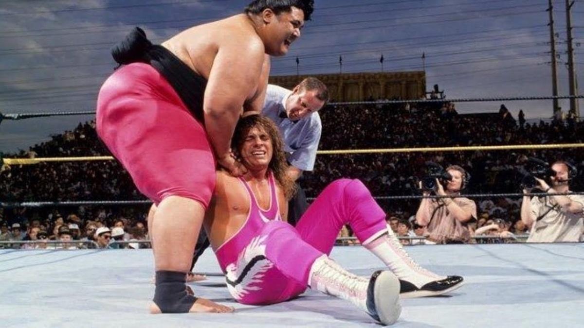 Yokozuna with a nerve hold on Bret Hart at WWE WrestleMania IX