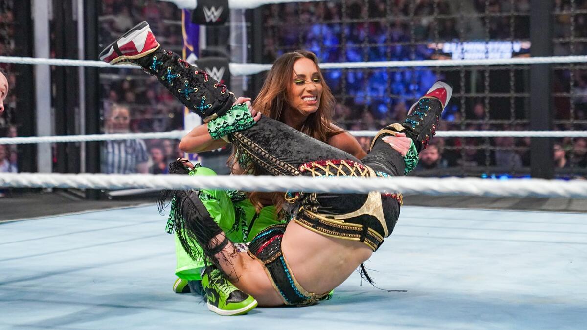 Carmella trying to pin Asuka at WWE Elimination Chamber 2023