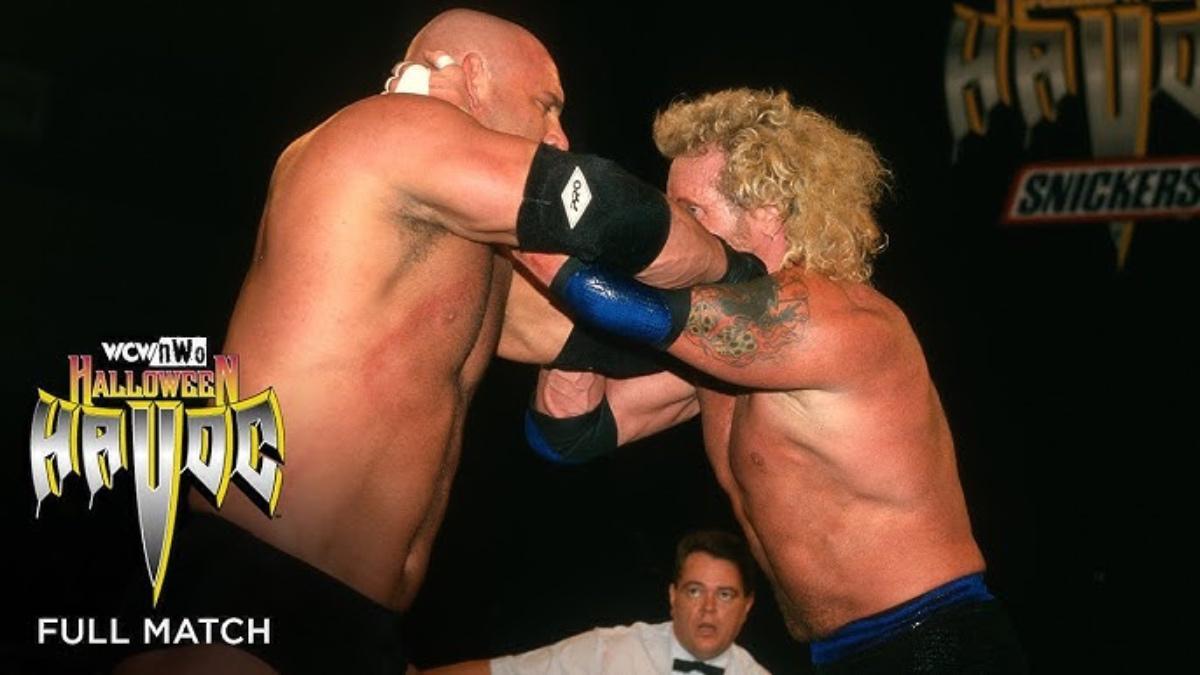 Goldberg and DDP locking up at WCW Halloween Havoc 1998