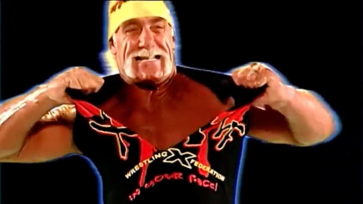 Hulk Hogan ripping an XWF t-shirt as he strains